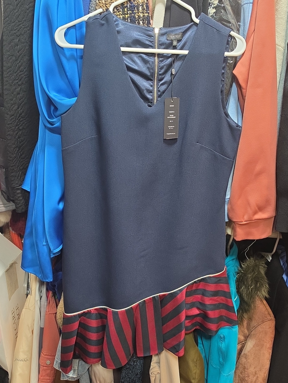 Vertigo Paris Navy Asymmetrical Dress with Red-Black Striped Hem